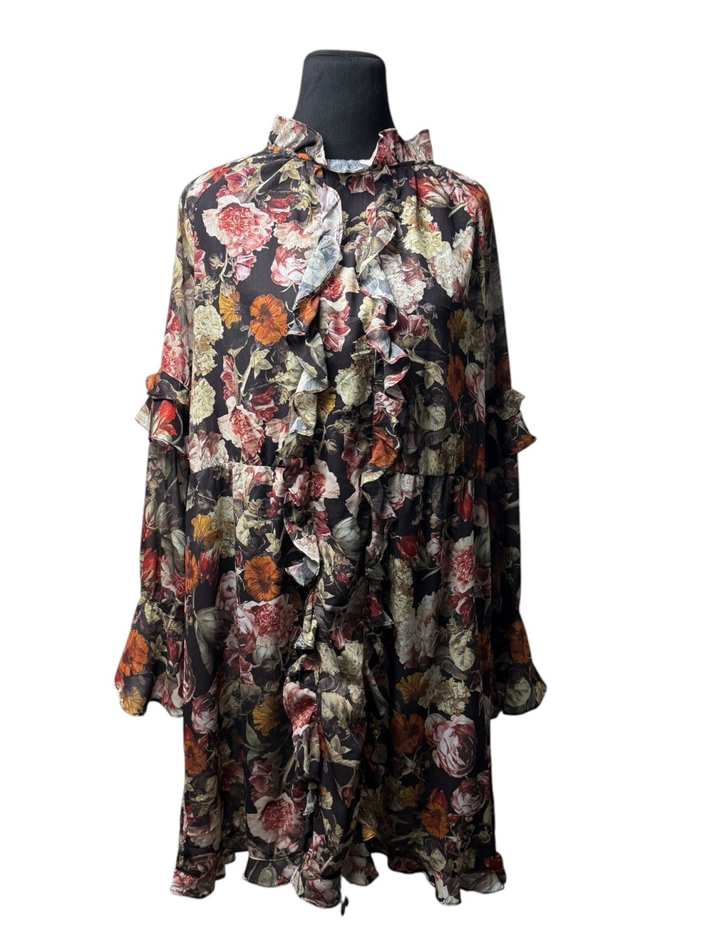 H&M Dark Floral Dress Ruffle Long-Sleeve Mini Dress SZ 12 XL Chiffon Fall Witch